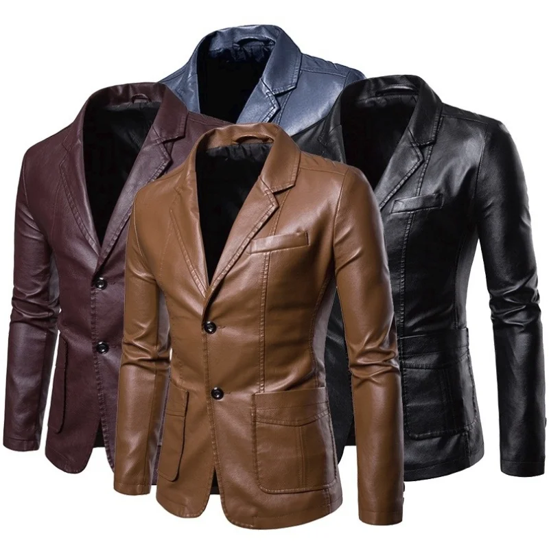 Men's Leather Blazer Slim Fit Button-Up Notch Lapel Long Sleeve – Formal