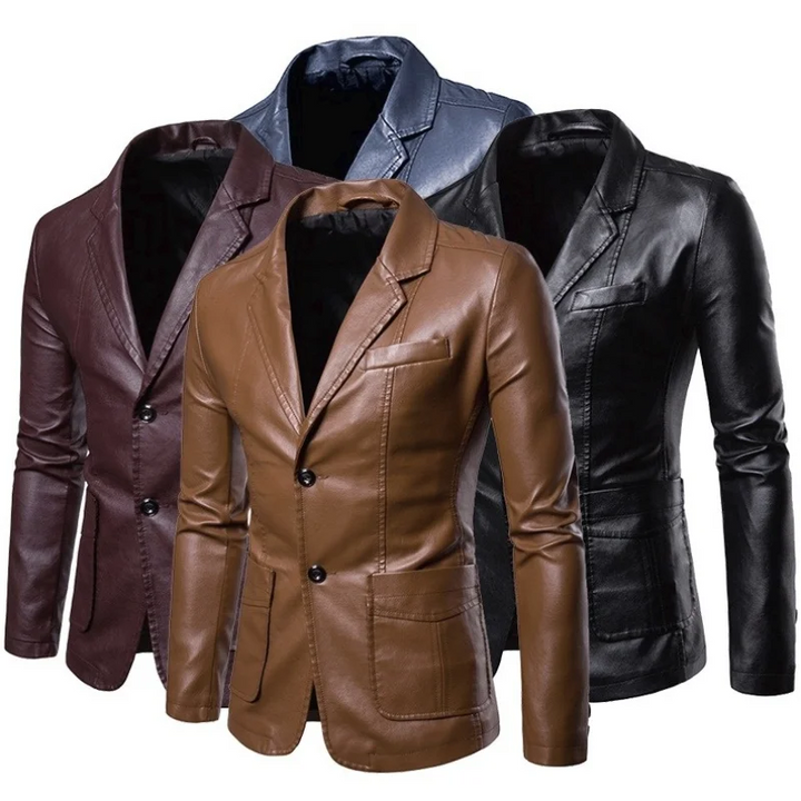 Men's Leather Blazer Slim Fit Button-Up Notch Lapel Long Sleeve – Formal