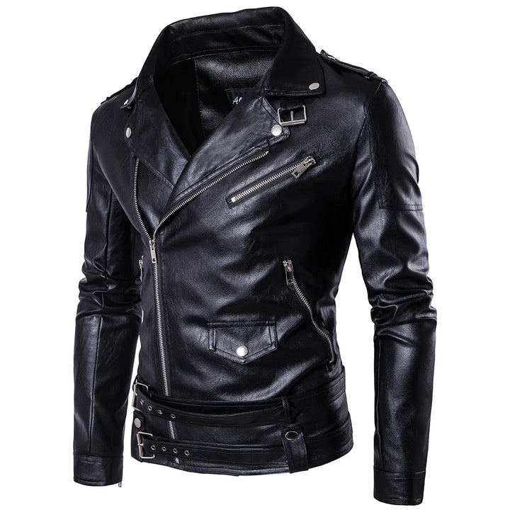 Men's Jacket PU Leather Biker Slim Fit Asymmetrical Zip-Up Long Sleeve