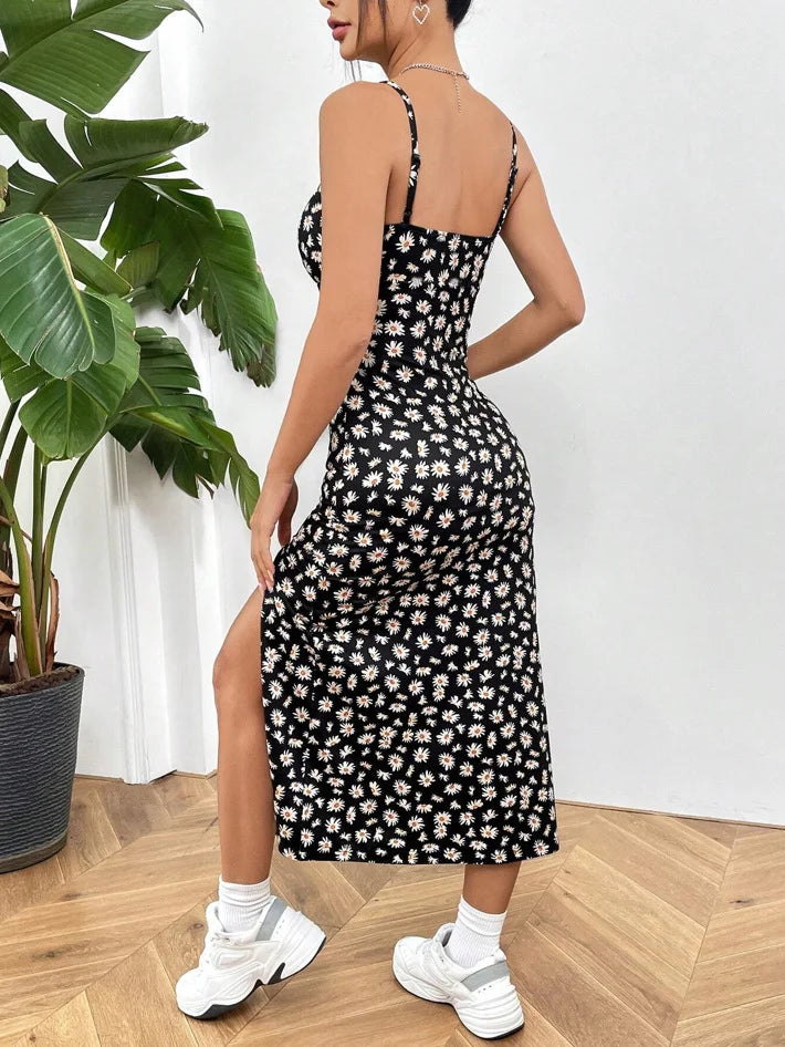 Women's Maxi Dress Leopard Print Strapless Wrap High Slit Slim Fit Zip Closure