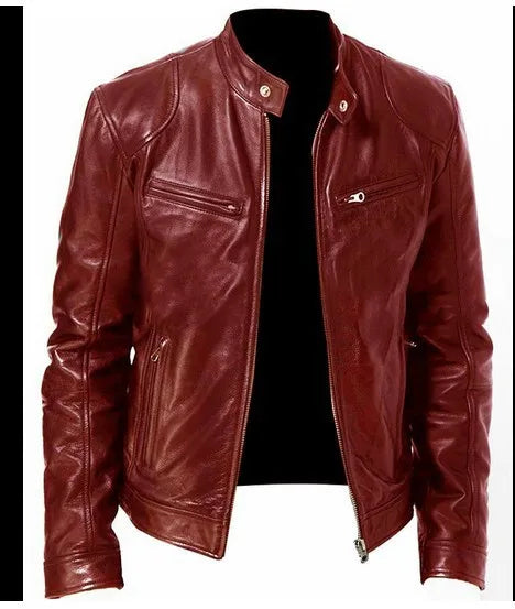 Men's Jacket PU Leather Bomber Loose Fit Zip-Up Long Sleeve