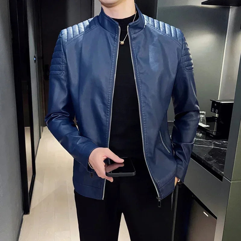 Men's Leather Slim Fit Zip-Up Long Sleeve Stand Collar Casual Motorcycle Jacket
