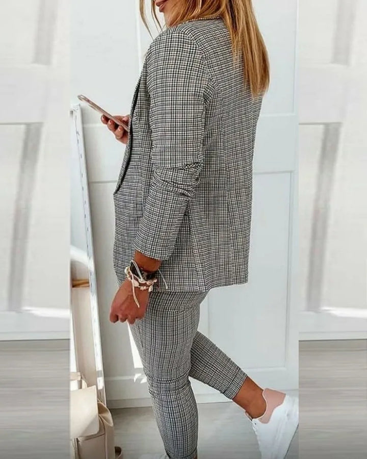 Women’s Suit Set Velvet Checked Slim Fit Blazer Sleeveless Top And Trousers