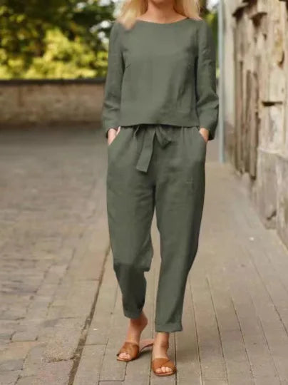 Women's Two Piece Set Fit Long Sleeve Crew Neck Top Cargo Pants Ankle Length