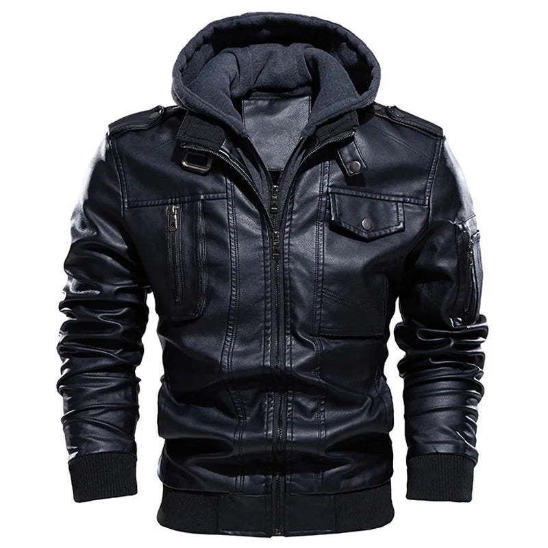 Men's PU Leather Bomber Jacket with Hood, Zip-Up, Long Sleeve, Casual Motorcycle Style