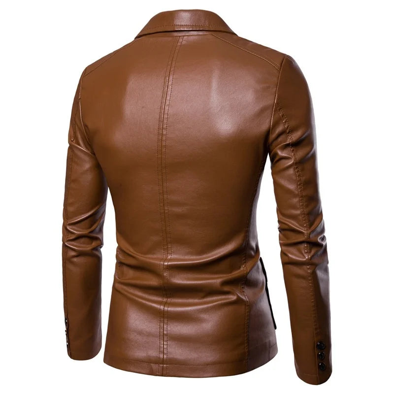 Men's Leather Blazer Slim Fit Button-Up Notch Lapel Long Sleeve – Formal