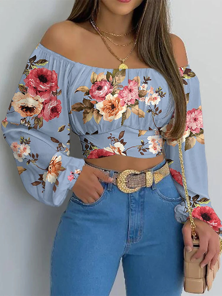 Women's Blouse Off Shoulder Slim Fit Long Sleeve Elastic Neck Crop