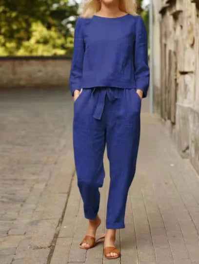 Women's Two Piece Set Fit Long Sleeve Crew Neck Top Cargo Pants Ankle Length