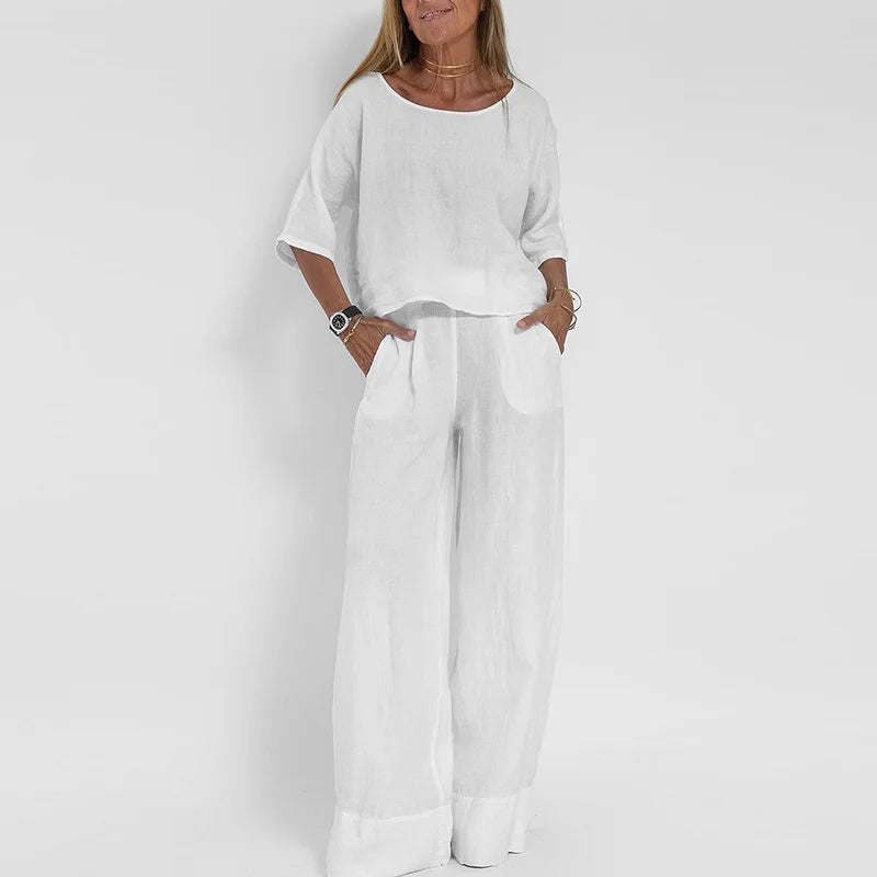 Women's Two Piece Set Fit Short Sleeve Crew Neck Top Wide Leg Pants