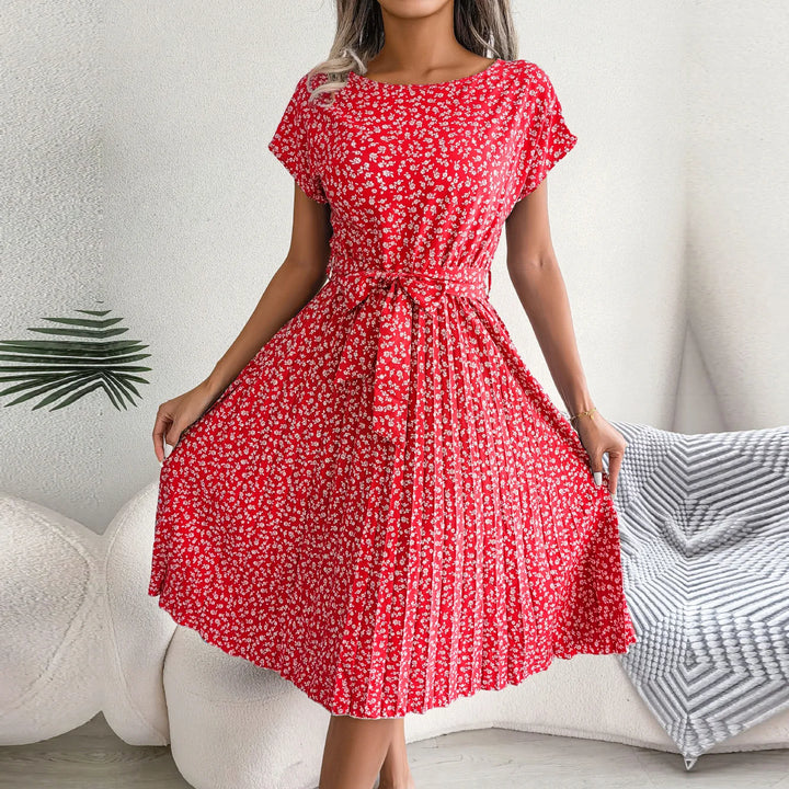 Women's Midi Dress Chiffon Floral Pleated Short Sleeve – Casual Summer