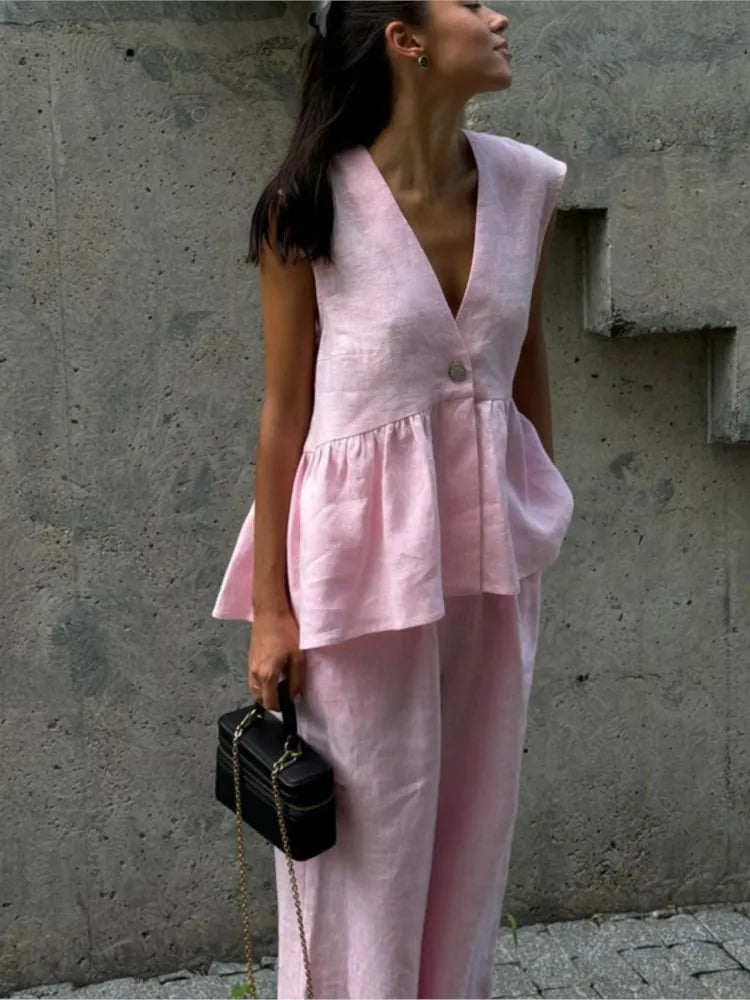 Women's Two Piece Set Sleeveless Relaxed Fit V-Neck Top Wide Leg Pants