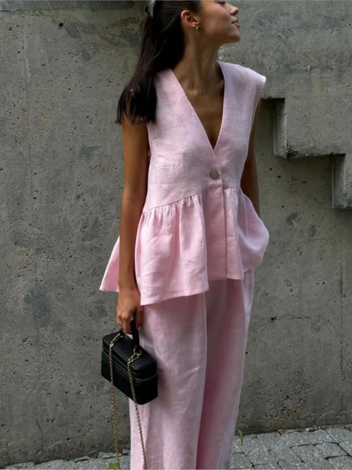 Women's Two Piece Set Sleeveless Relaxed Fit V-Neck Top Wide Leg Pants