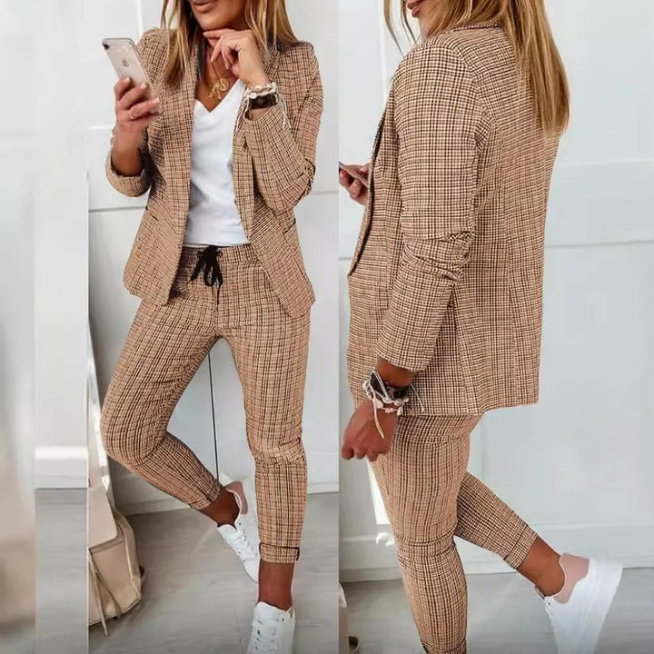 Women’s Suit Set Velvet Checked Slim Fit Blazer Sleeveless Top And Trousers