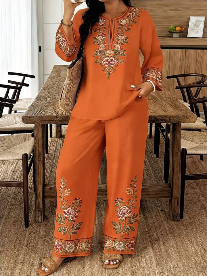 Women's Two Piece Set Embroidered Fit Long Sleeve V-Neck Top Wide Leg Pants