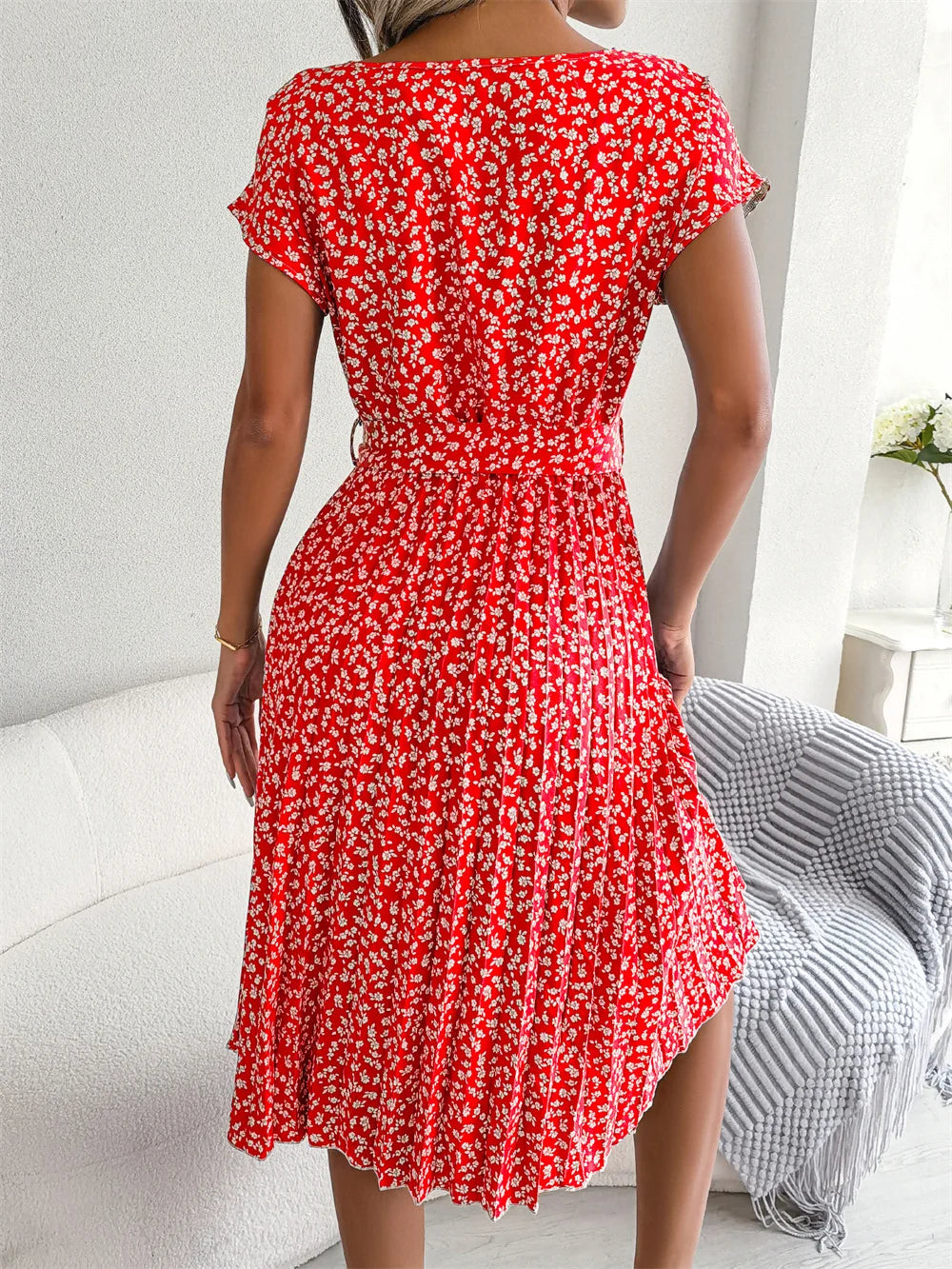 Women's Midi Dress Chiffon Floral Pleated Short Sleeve – Casual Summer