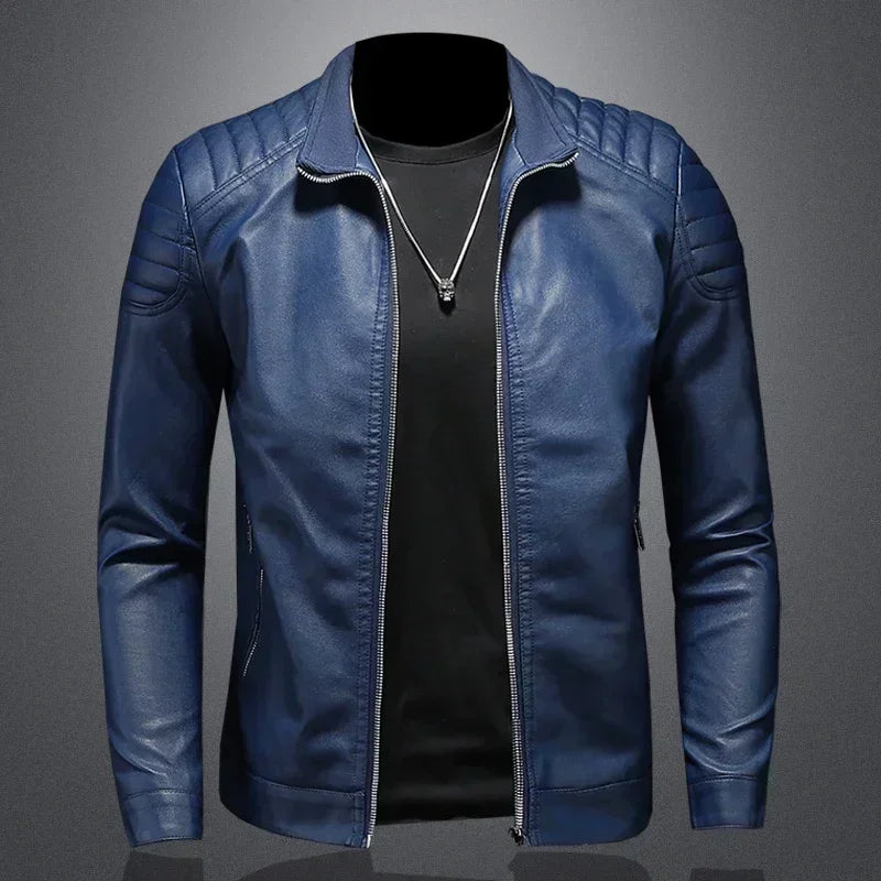 Men's Leather Slim Fit Zip-Up Long Sleeve Stand Collar Casual Motorcycle Jacket
