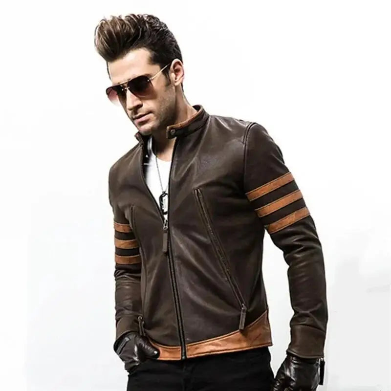 Men's Jacket PU Leather Slim Fit Bomber Zip-Up Long Sleeve Casual Motorcycle