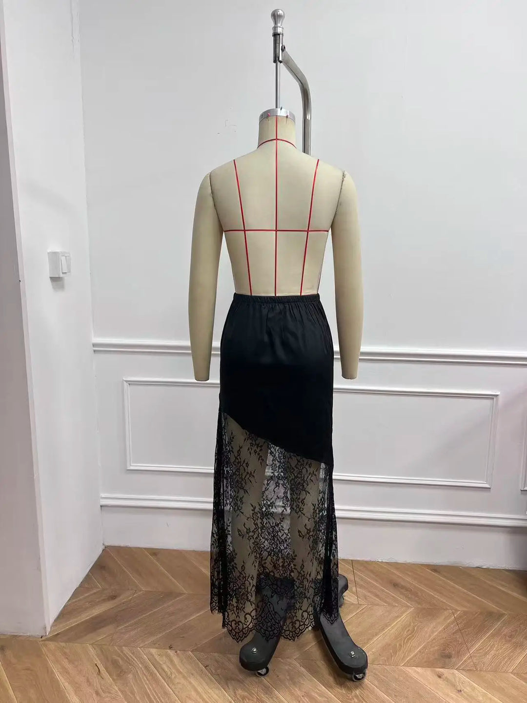 Women's Midi Skirt Lace Trim High Waist A-Line Elastic Waist