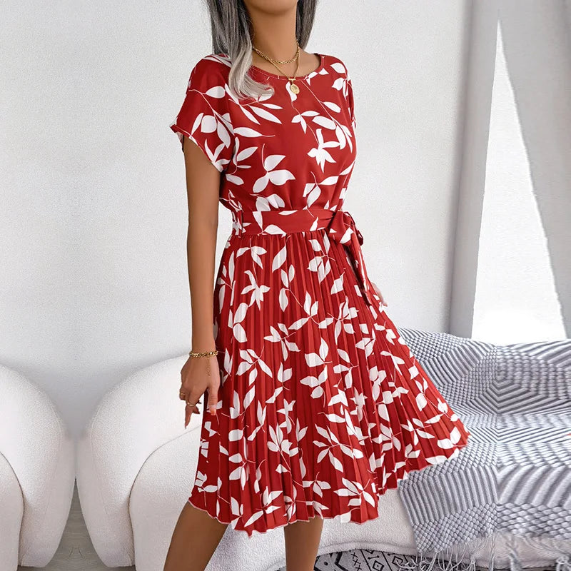 Women's Midi Dress Chiffon Floral Pleated Short Sleeve – Casual Summer