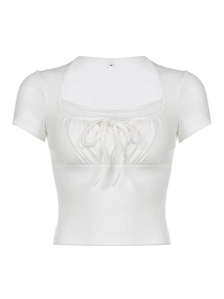 Women's T-Shirt Slim Fit Ruched Short Sleeve Square Neck Tie Front