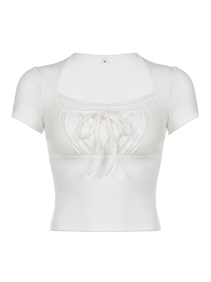 Women's T-Shirt Slim Fit Ruched Short Sleeve Square Neck Tie Front