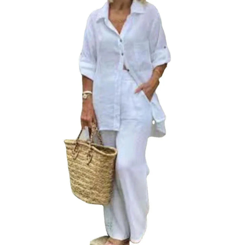 Women's Two Piece Set Fit Button-Up Long Sleeve Shirt Wide Leg Pants
