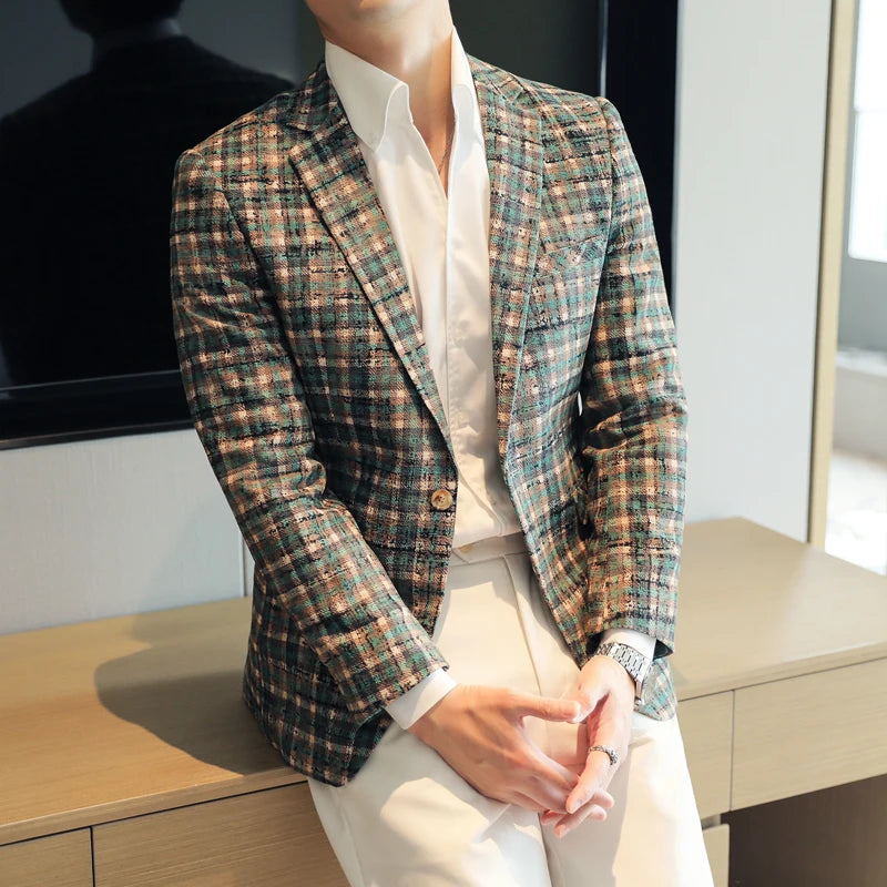 Men's Blazer Plaid Slim Fit Button Closure Long Sleeve Business Casual