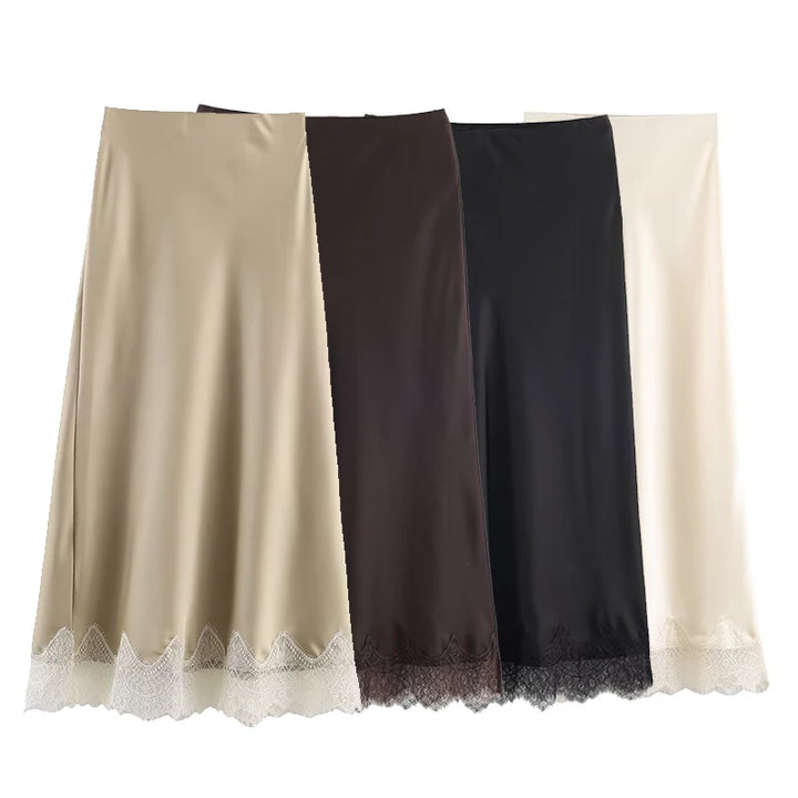 Women's Midi Skirt High Waist Pleated Lace Hem A-Line Vintage