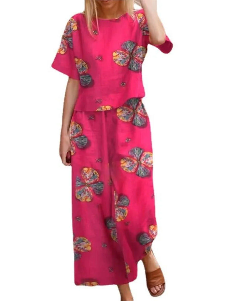 Women's Floral Midi Dress Relaxed Fit Short Sleeve Crew Neck