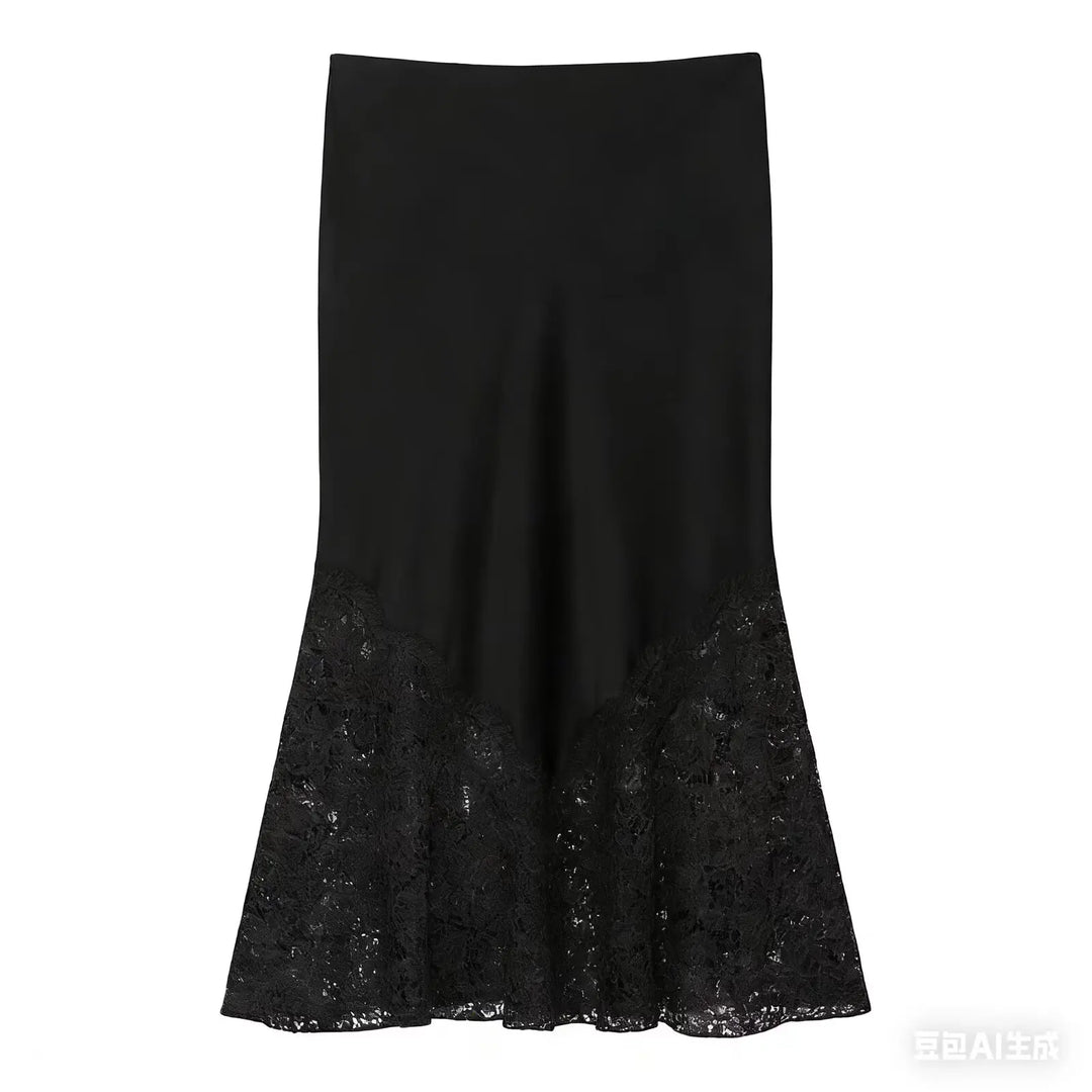 Women's Midi Skirt Satin Lace A-Line High Waist – Casual Summer