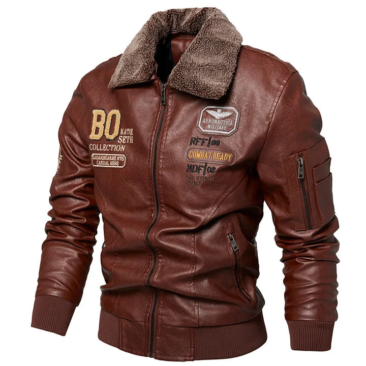 Men's Leather Bomber Jacket Slim Fit Zip-Up Long Sleeve Fur Collar Casual Pilot
