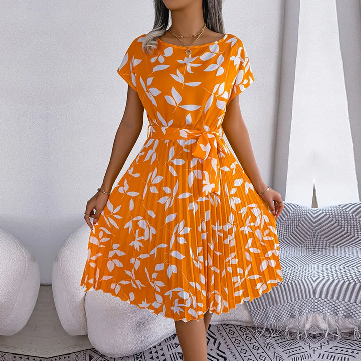 Women's Midi Dress Chiffon Floral Pleated Short Sleeve – Casual Summer