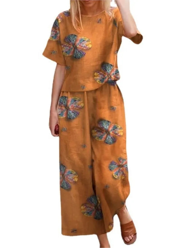 Women's Floral Midi Dress Relaxed Fit Short Sleeve Crew Neck