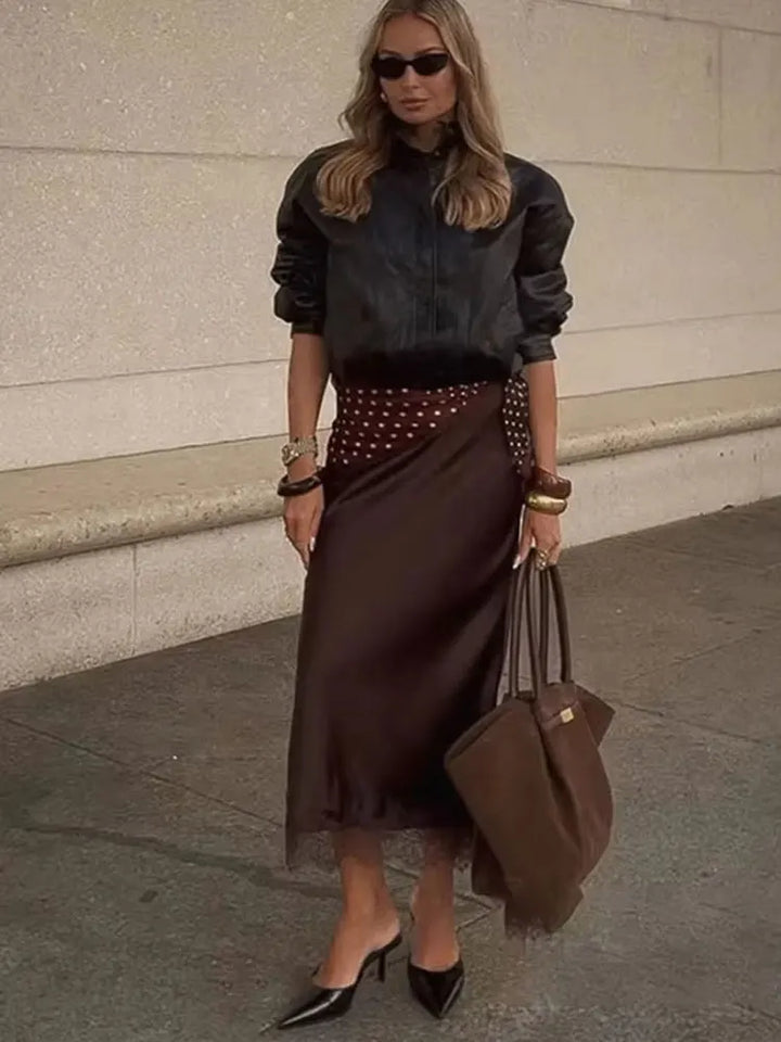 Women's Midi Skirt Satin Polka Dot Lace High Waist Straight Fit