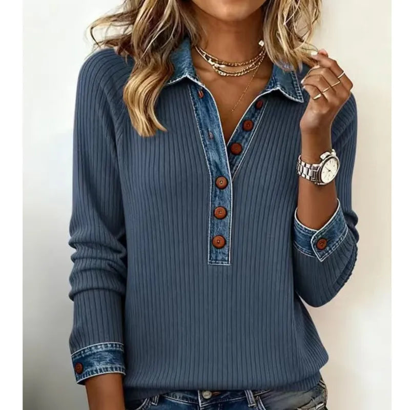 Women's Knit Ribbed Sweater with Buttons, Long Sleeve, Patchwork