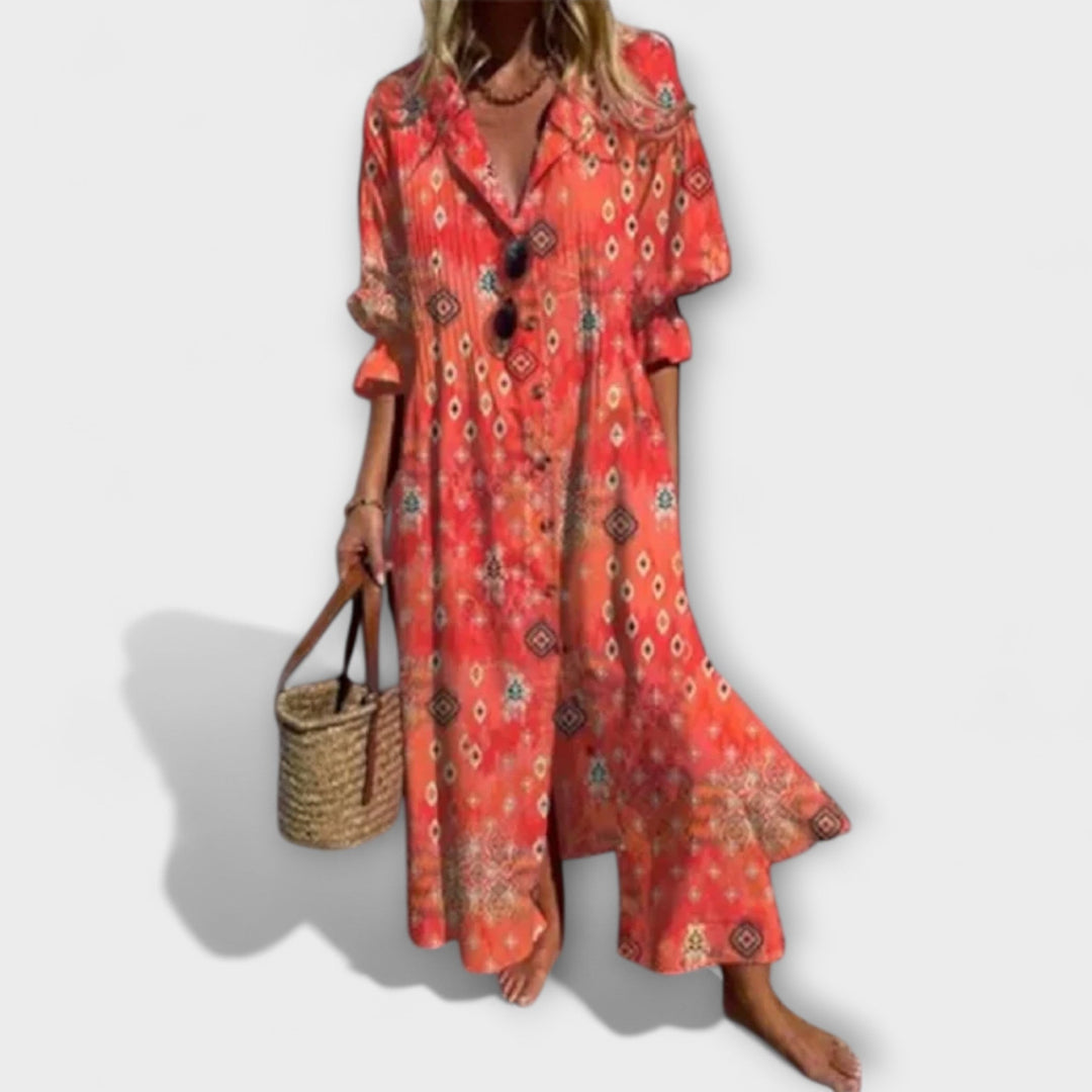 Women's Floral V-Neck Long Sleeve Button Dress – Casual Beach