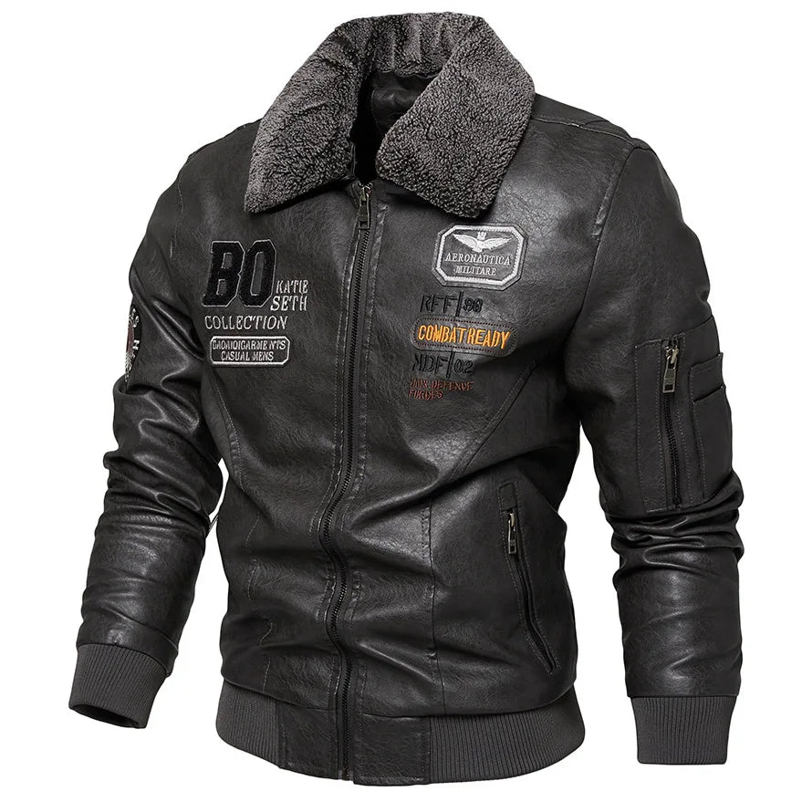 Men's Leather Bomber Jacket Slim Fit Zip-Up Long Sleeve Fur Collar Casual Pilot