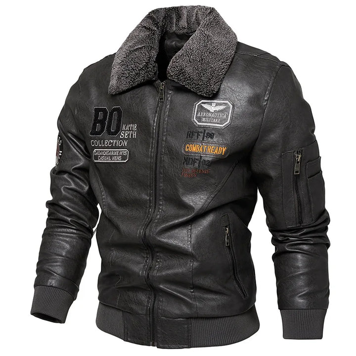 Men's Leather Bomber Jacket Slim Fit Zip-Up Long Sleeve Fur Collar Casual Pilot