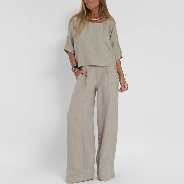Women's Two Piece Set Fit Short Sleeve Crew Neck Top Wide Leg Pants
