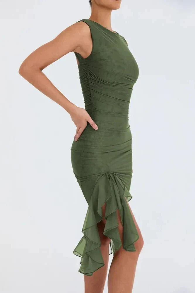 Women's Bodycon Midi Dress Mesh Asymmetrical Ruffle Boat Neck Fitted