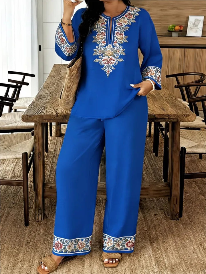 Women's Two Piece Set Embroidered Fit Long Sleeve V-Neck Top Wide Leg Pants