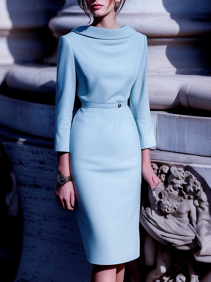 Women's Midi Dress Polyester Solid Color Turn-Down Collar V-Back Belted Mid Sleeve Zip Closure