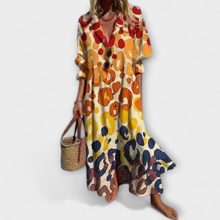 Women's Floral V-Neck Long Sleeve Button Dress – Casual Beach