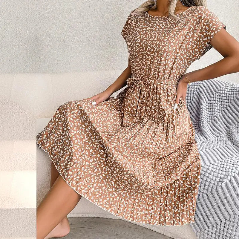 Women's Midi Dress Chiffon Floral Pleated Short Sleeve – Casual Summer