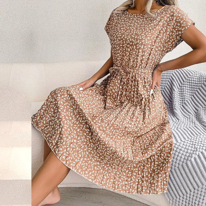 Women's Midi Dress Chiffon Floral Pleated Short Sleeve – Casual Summer