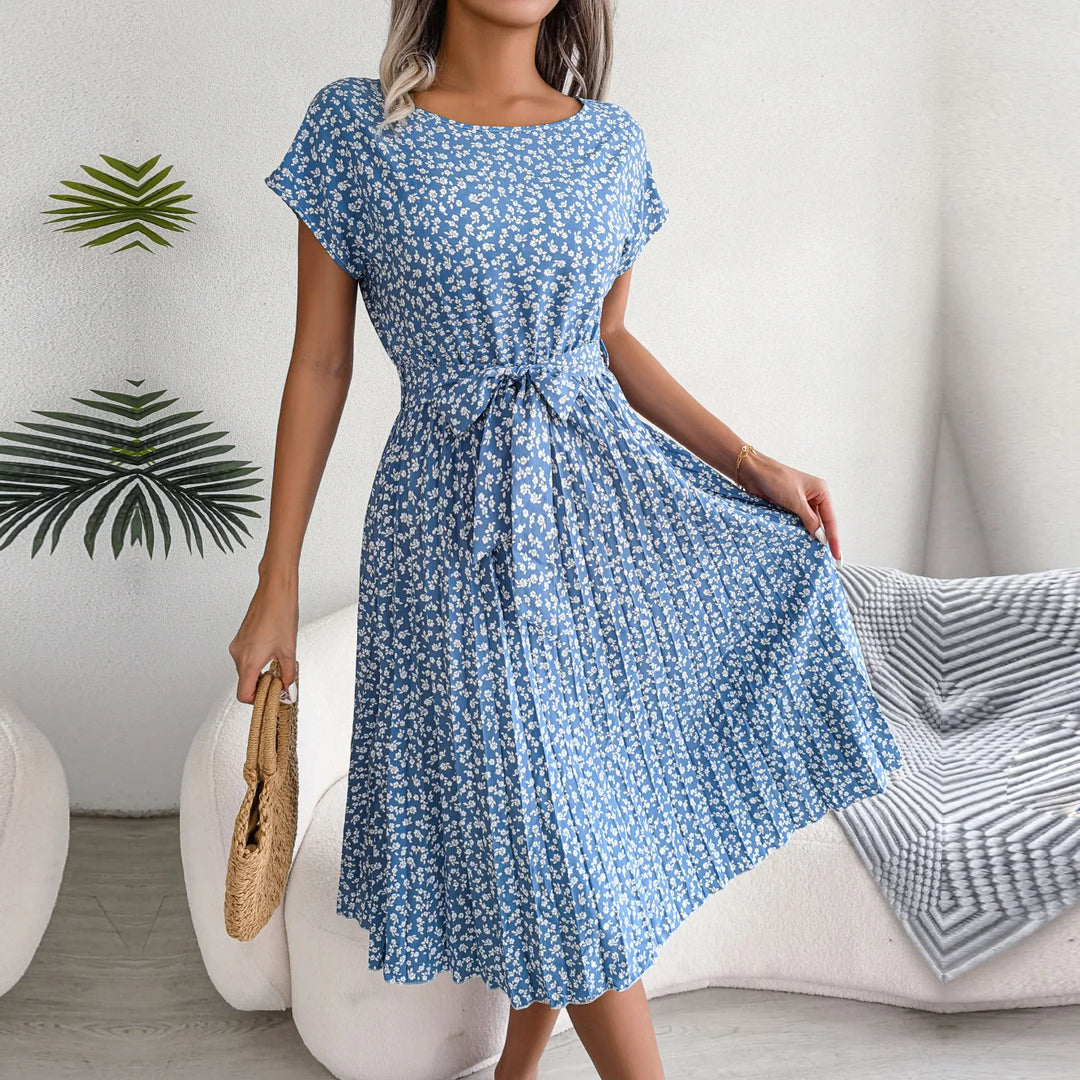 Women's Midi Dress Chiffon Floral Pleated Short Sleeve – Casual Summer
