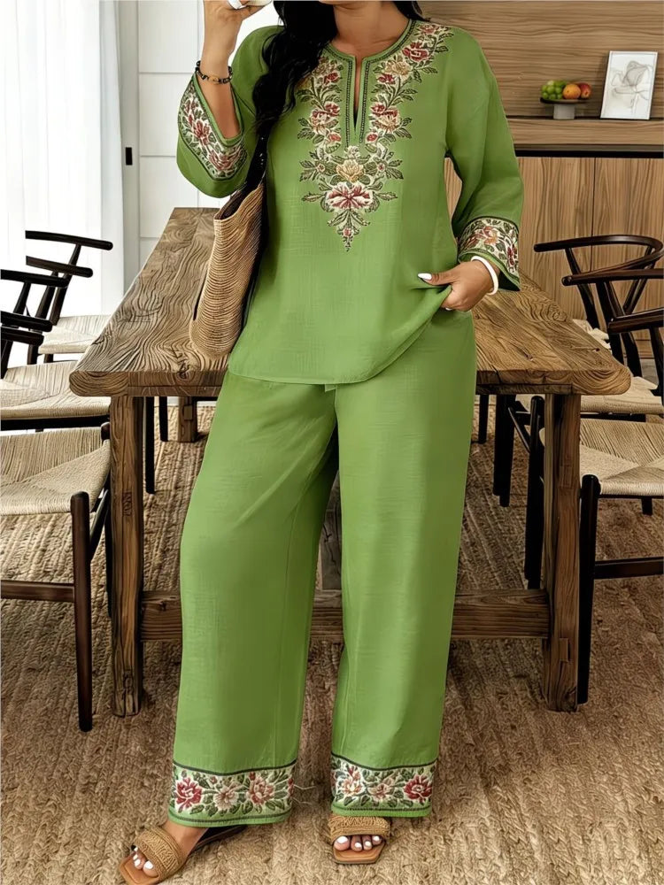 Women's Two Piece Set Embroidered Fit Long Sleeve V-Neck Top Wide Leg Pants
