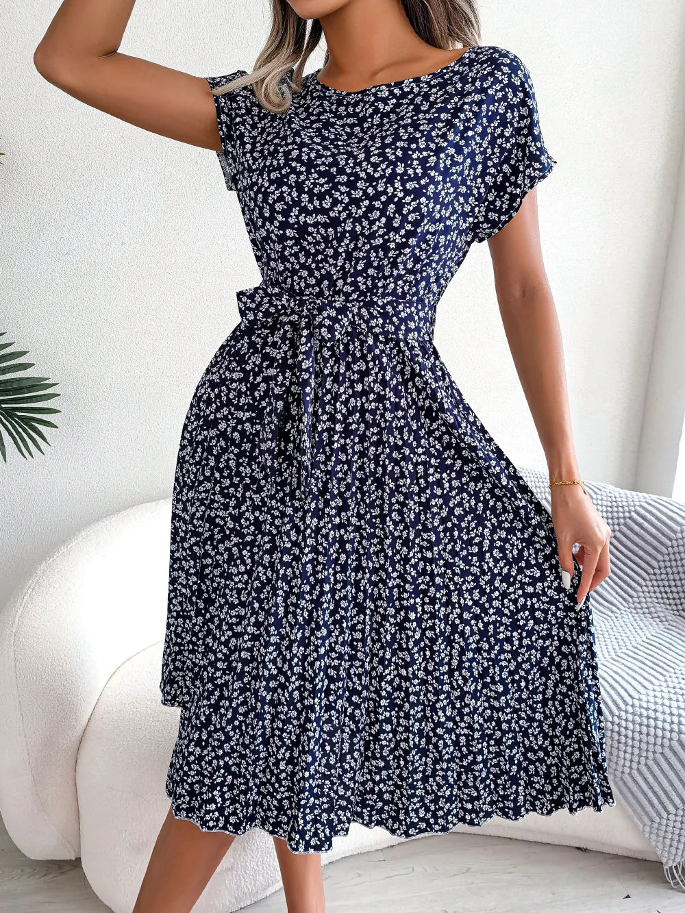 Women's Midi Dress Chiffon Floral Pleated Short Sleeve – Casual Summer