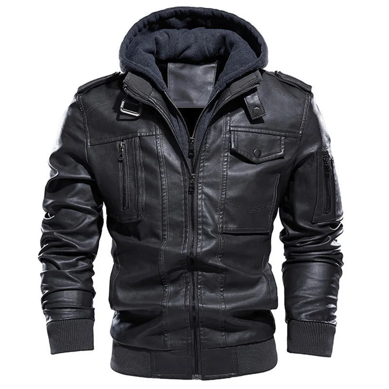 Men's PU Leather Bomber Jacket with Hood, Zip-Up, Long Sleeve, Casual Motorcycle Style