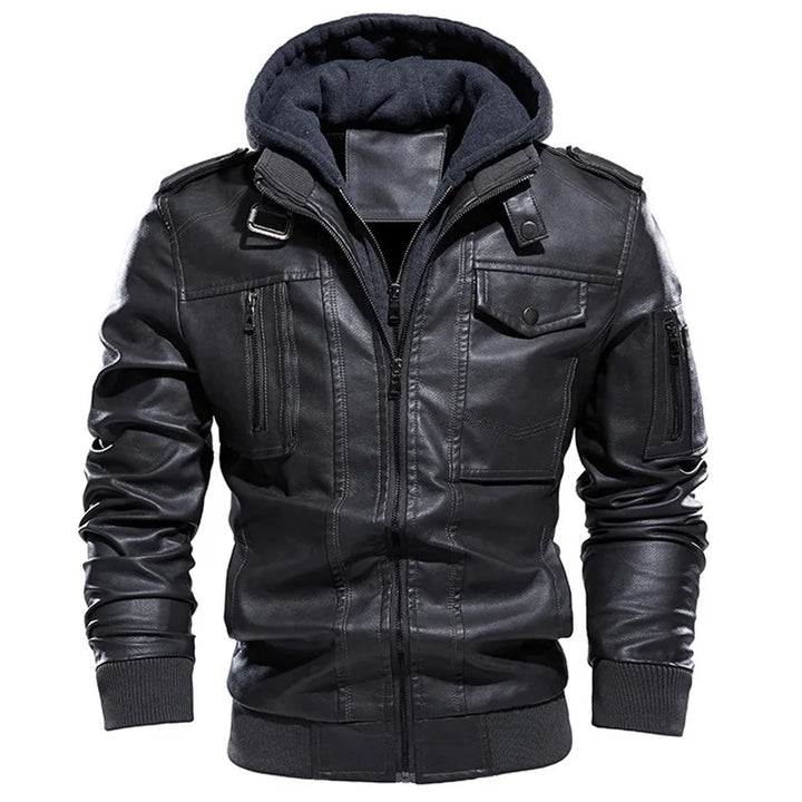 Men's PU Leather Bomber Jacket with Hood, Zip-Up, Long Sleeve, Casual Motorcycle Style